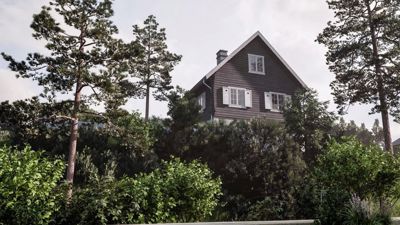 3D-visualisering av en planlagt hytte sett fra utsiden, omgitt av trær og busker.