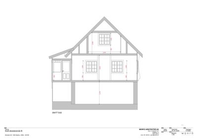 Snittegning (SNITT B-B) av en eksisterende bygning som viser romfordeling og høyder.