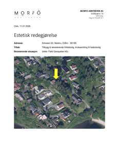 Flyfoto av et boligområde med en gul pil som peker ut den aktuelle eiendommen (Solveien 63).