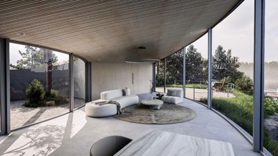 3D-visualisering av et moderne, innvendig rom med store glassflater og utsikt over en hage.