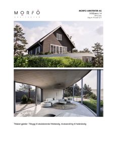 Bildet viser to fotografier av et moderne hus; øverst fasaden og nederst et interiør med store glassflater.