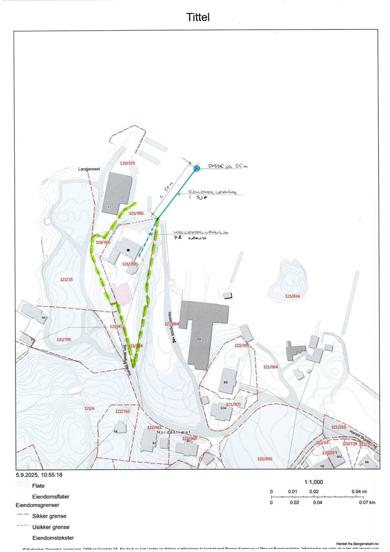 Situasjonsplan som viser eiendomsgrenser, eiendomsmåler, stier og topografi.