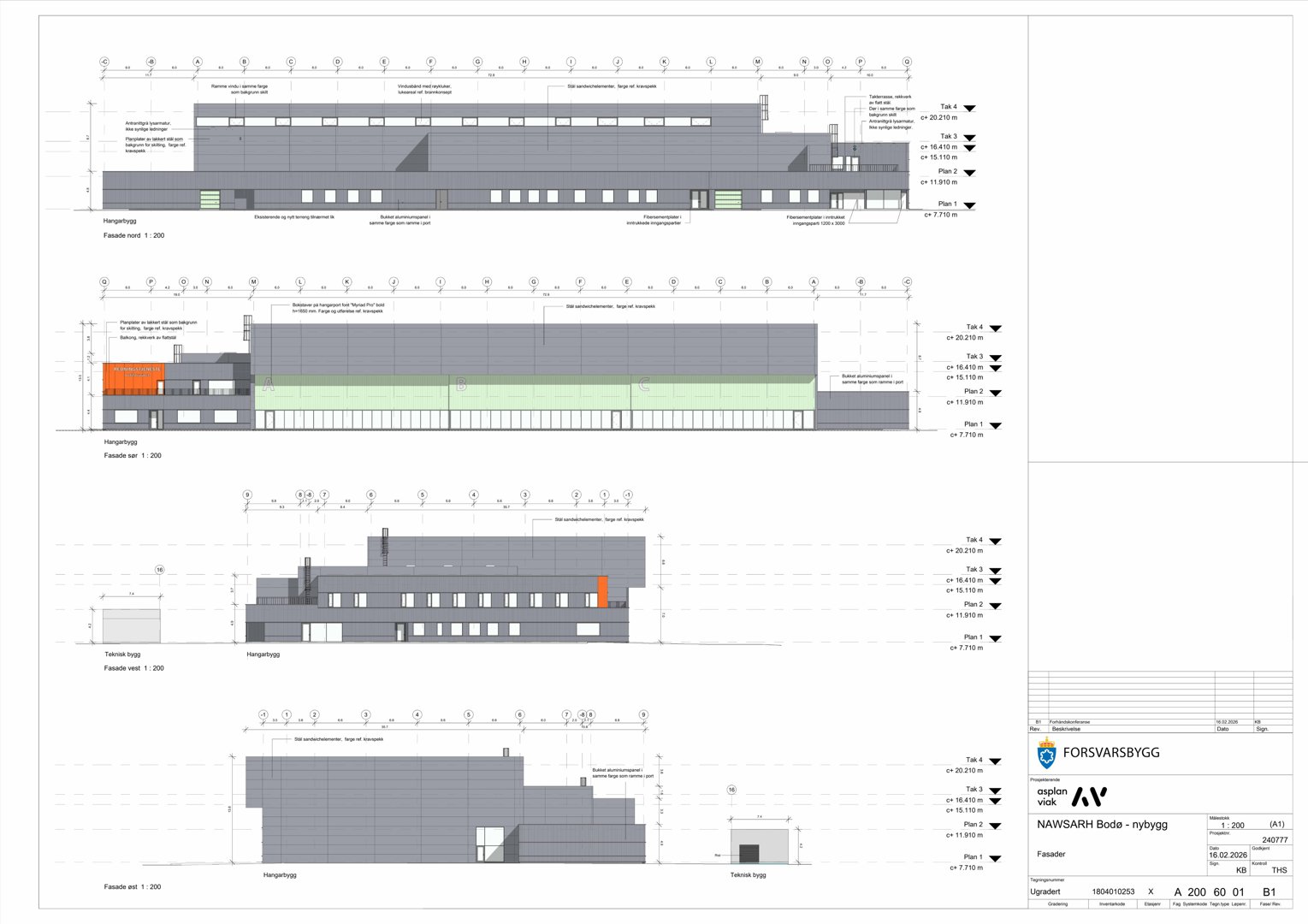 Bildet viser en tegning med fire forskjellige fasadeoppsett (Fasade vest 1-4) for et nytt bygg, inkludert detaljer om vinduer, materialer og høyder.