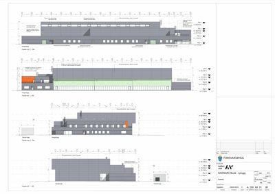 Bildet viser en tegning med fire forskjellige fasadeoppsett (Fasade vest 1-4) for et nytt bygg, inkludert detaljer om vinduer, materialer og høyder.