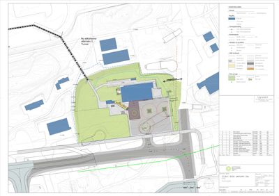 Situasjonsplan som viser bygningens plassering i forhold til omgivelsene, inkludert vegnett, terrengforhold og eksisterende bebyggelse.