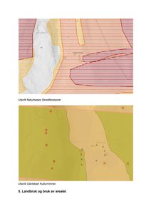 Bildet viser to kartutsnitt (situasjonskart) som viser skredfaresoner og kulturminner i et landskap.