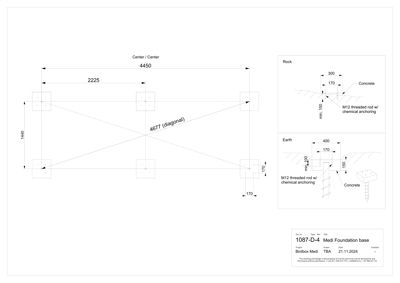 Tegning som viser detaljert konstruksjon av fundamentbunn (Medi Foundation base) med dimensjoner og festemidler for ulike underlag (Rock og Earth).