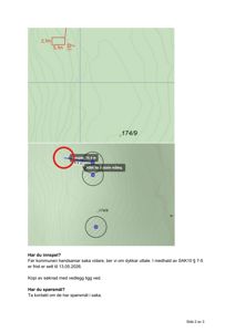 Bildet viser en digital kartvisning med topografiske linjer, tomtenummer (174/9) og måleindikatorer. Det er også tekst om en byggesak (innspel, frist) og en sidefot.