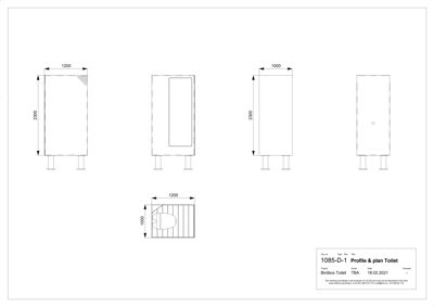 Tegning som viser profil og plan for en toalett (Birdbox Toilet) med dimensjoner og konstruksjonsdetaljer.
