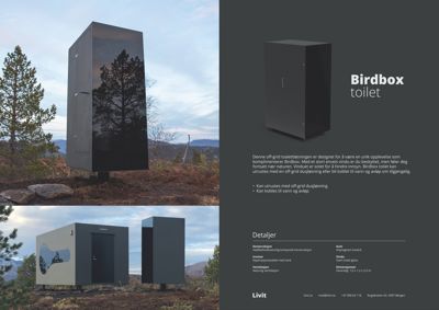 Fotografier av en 'Birdbox toilet' i ulike vinkler og settinger, inkludert et utsnitt og et helhetsbilde.