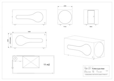 Tegning som viser detaljerte utsnitt (front, back) og en 3D-visning av en profilert 'Medi'-profil, samt en planutsnitt med mål (5300x2250) og areal (11 m2).