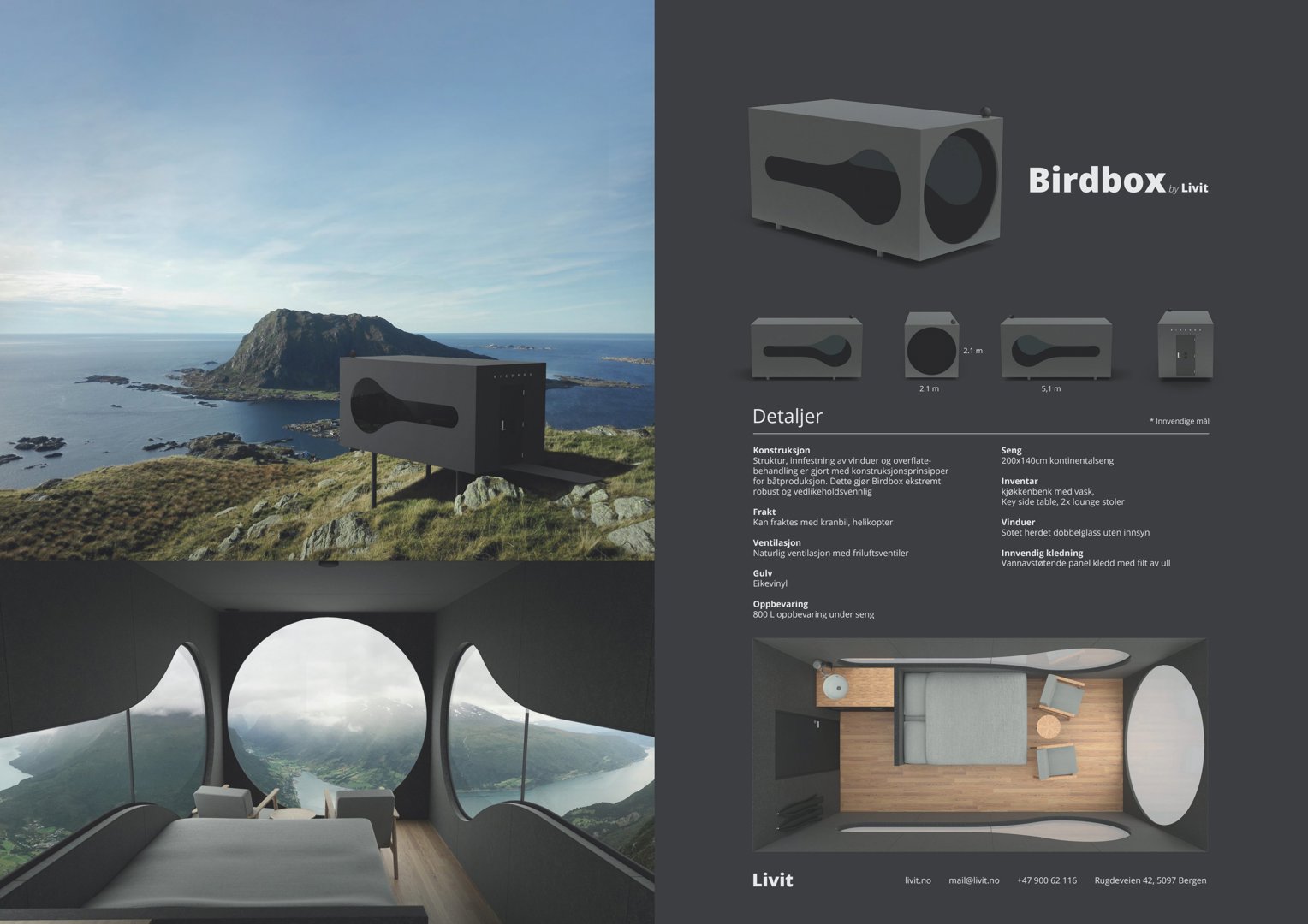 3D-visualisering av et produkt (Birdbox) i ulike perspektiver: utsnitt fra utsiden, interiør og etasjeplan.
