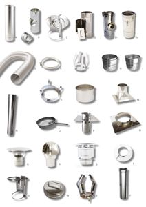 Produktkatalog eller detaljtegning som viser ulike typer metallrør, klemmer og ventilasjonskomponenter med bokstavelige referanser (A-Y).