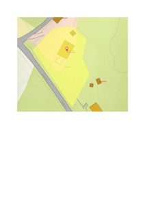 Situasjonsplan som viser eiendomsgrunnlinjer, topografi (konturlinjer), vei (Eikenesvegen) og plassering av bygninger på tomten.