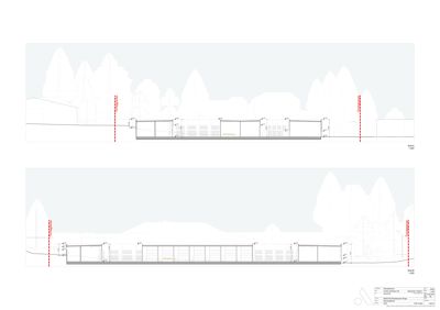 Fasadetegning som viser bygningens profil sett fra siden, inkludert høyder, vindusoppsett og terrengforhold.