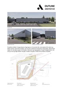 En samling av tre 3D-visualiseringer (renderinger) av en planlagt bygning, inkludert en fasade og innkjøring, samt en situasjonsplan med referanser til disse visuelliseringene.