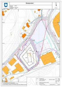Situasjonskart som viser eiendomsnummer, adresse, utskriftsdato, målestokk, tomtegrenser, naboeiendommer og kommunale planer.