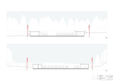 Snittegning (Snitt C og D) som viser bygningens tverrsnitt, høyder og relasjon til terreng.