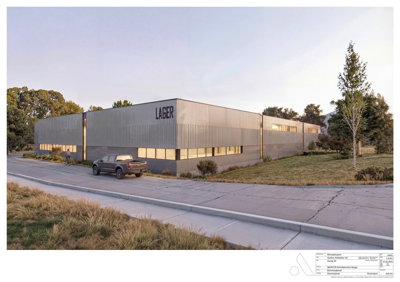 3D-visualisering av en planlagt bygning (Lager) sett fra utsiden med omgivelsene.