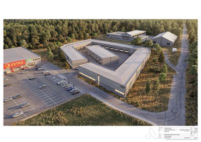 3D-visualisering (rendering) av et nytt byggkompleks med tilhørende parkeringsplass og omgivende natur.