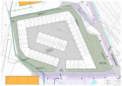 Situasjonsplan som viser tomtens grenser, byggegrenser, innkjøringsvei, og plassering av planlagte boliger i forhold til nabolag og veier.