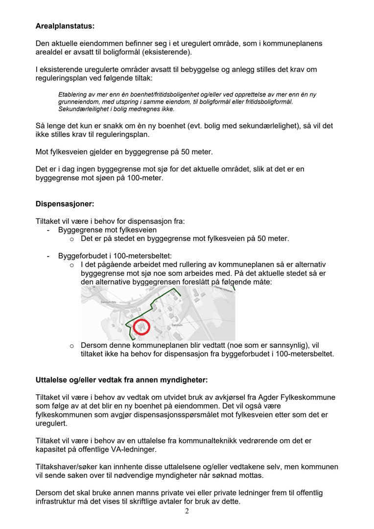 Et kart som viser eiendommen med en markert byggegrense (rød sirkel) og omgivelsene.