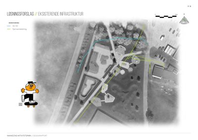 Flyfoto eller ortofoto av et område med eksisterende infrastruktur, inkludert veier, parkeringsplasser og anlegg.