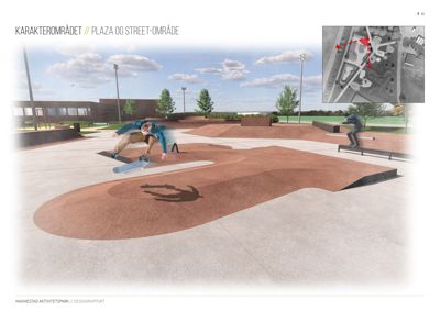 3D-visualisering av et skatepark (plaza og street-område) med en skateboarder i bevegelse. Bildet viser overflatebelegg, terrengformer og omgivelsene.