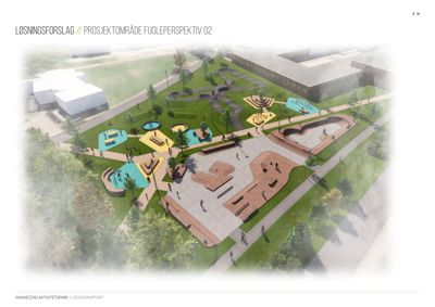 3D-visualisering (rendering) av et løsningsforslag for Nannestad Aktivitetspark sett fra fugleperspektiv.