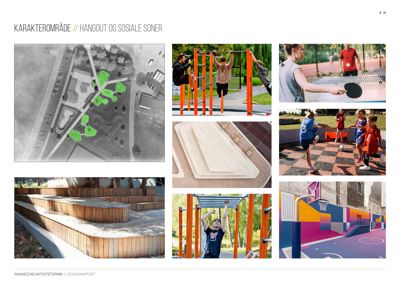 Et collage av bilder som viser et utendørs aktivitetsområde med treningsutstyr, en basketballbane og trapper.