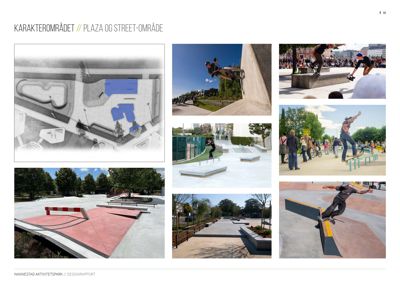 Et collage av bilder som viser et skatepark (Nannestad Aktivitetspark), inkludert en tegning av området og flere foton av skatere i bruk.