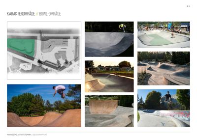 Et collage som viser en kombinasjon av en tegning (øverst til venstre) og flere foton av et ferdig skateparker (bowl-område).