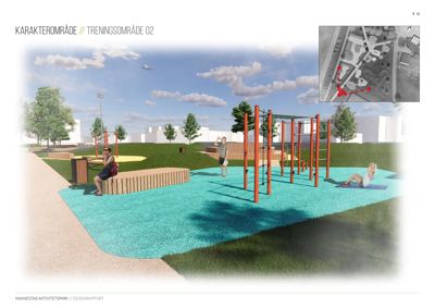 3D-visualisering av et utendørs treningsområde med utstyr, grus og planter.