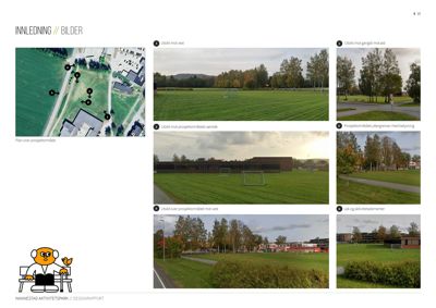 Et sammensatt bilde (collage) som viser flere fotografier av et utendørs område, sannsynligvis et aktivitetspark eller skoleområde, med tilhørende tekster som beskriver utsiktene.