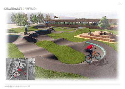 3D-visualisering av et pumptrack-aktivitetsområde med omgivende landskap og bygninger.