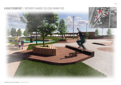 3D-visualisering av et aktivitetsområde (skatepark) med en skateboarder i bevegelse. Bildet viser også en situasjonsplan i øvre høyre hjørne.