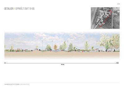 Oppmålt snitt (B-B) som viser høydemålinger og terrengprofil for et aktivitetspark.