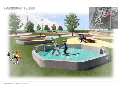 3D-visualisering av et utendørs aktivitetsområde (ballbinger) med omgivende landskap og møbler.