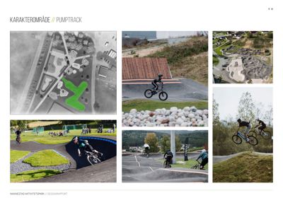 Et collage med bilder fra et pumptrack-aktivitetspark, inkludert en situasjonsplan, bilder av syklister i aksjon og en 3D-visualisering.