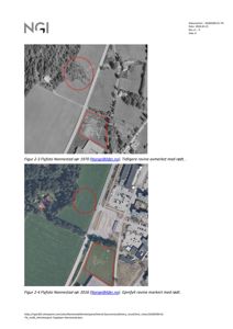 Flyfotoer (satellittbilder) av et område i Nannestad fra 1970 og 2016, med markeringer av tidligere raviner.