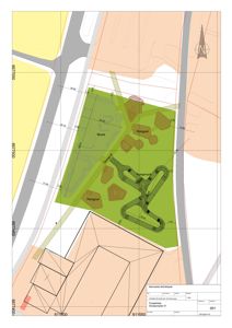 Situasjonsplan som viser et skatepark-prosjekt med detaljer om baner, dimensjoner og nabolag.