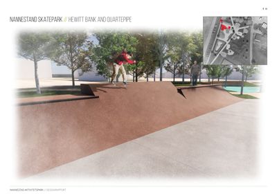 Fotografi av en skateboarder på en rampe i Nannestad Skatepark, med en situasjonsplan i øvre høyre hjørne.