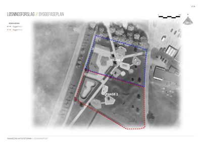 Situasjonsplan (byggefaseplan) som viser tomtens oppdeling i to byggetrinn (Phase 1 og Phase 2) med overlappende arealer.