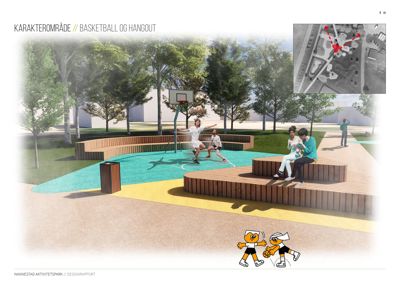 3D-visualisering av et utendørs aktivitetsområde med basketballbane og sittebenker.