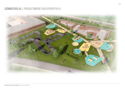 3D-visualisering (rendering) av et løsningsforslag for Nønnenstad Aktivitetspark sett fra fugleperspektiv.