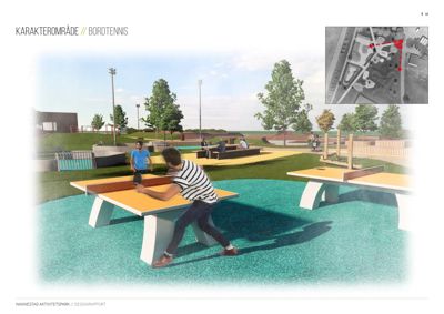 3D-visualisering av et utendørs bordtennisområde med personer i aktivitet.