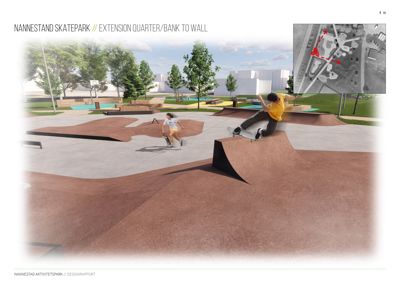 3D-visualisering av Nannestad Skatepark med skatere i scenen