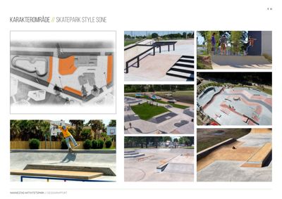 Et collage som viser en blanding av tegninger og ferdige bilder av et skatepark. Bildene viser både konstruksjonstegninger (til venstre) og ferdige bilder av området (til høyre).