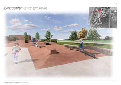 3D-visualisering av et street-skate-område med skatere i aktivitet.