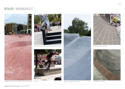 Fotografisk dokumentasjon av materialvalg og detaljer i Nønestad Aktivitetspark, inkludert bilder av betong, granitt og steinlegging.